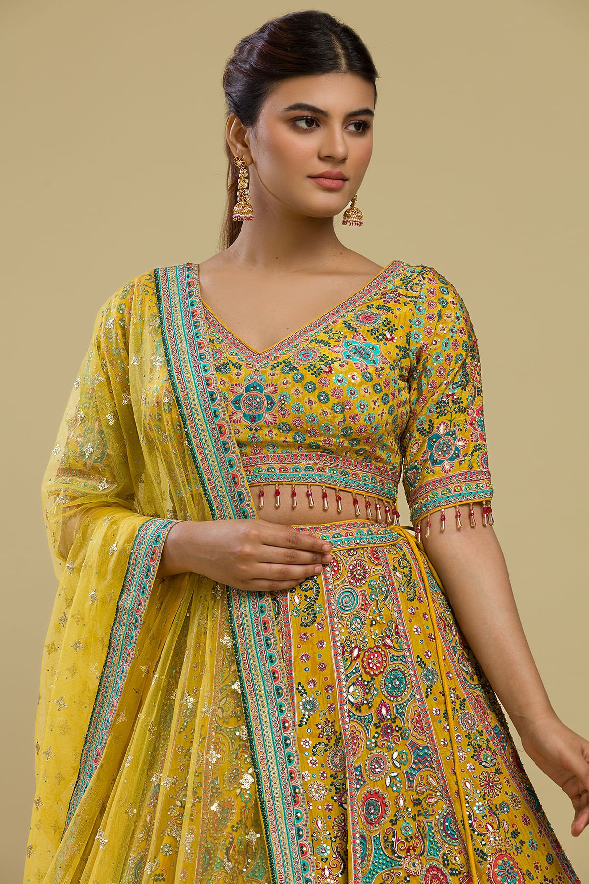 Yellow Designer Embroidered Lehenga Choli In Georgette For B