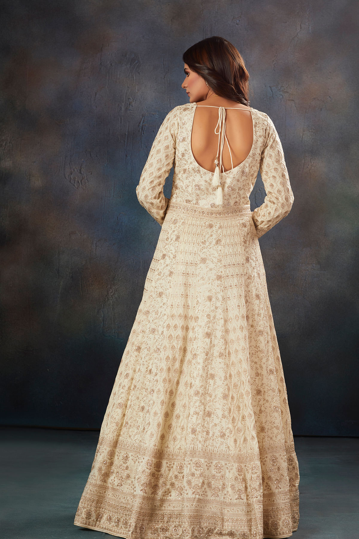 Ivory Beige Designer Embroidered Satin Silk Anarkali Gown