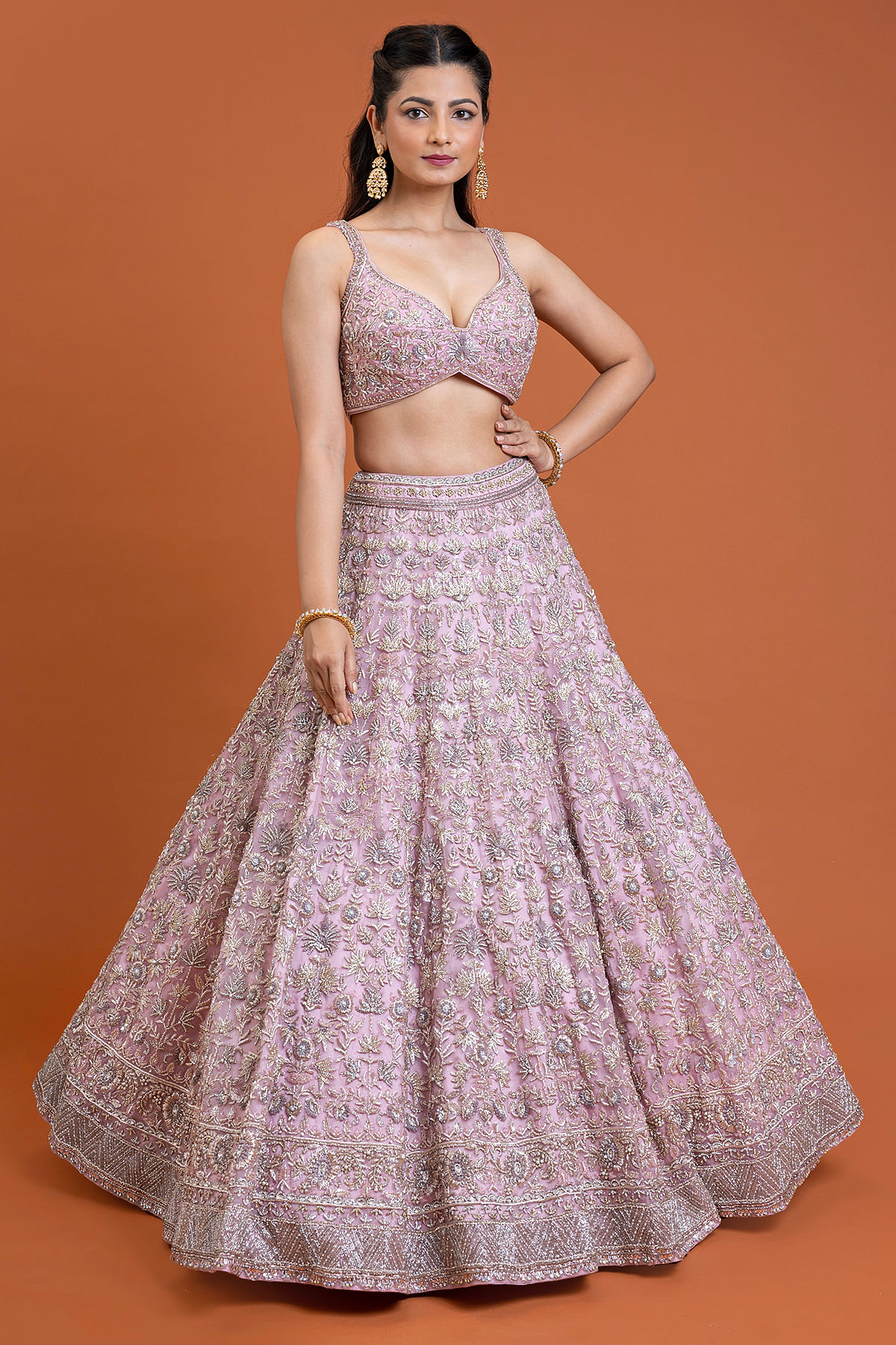 Buy Light Lilac Purple Zardosi Embroidered Organza Designer Lehenga Online at Samyakk