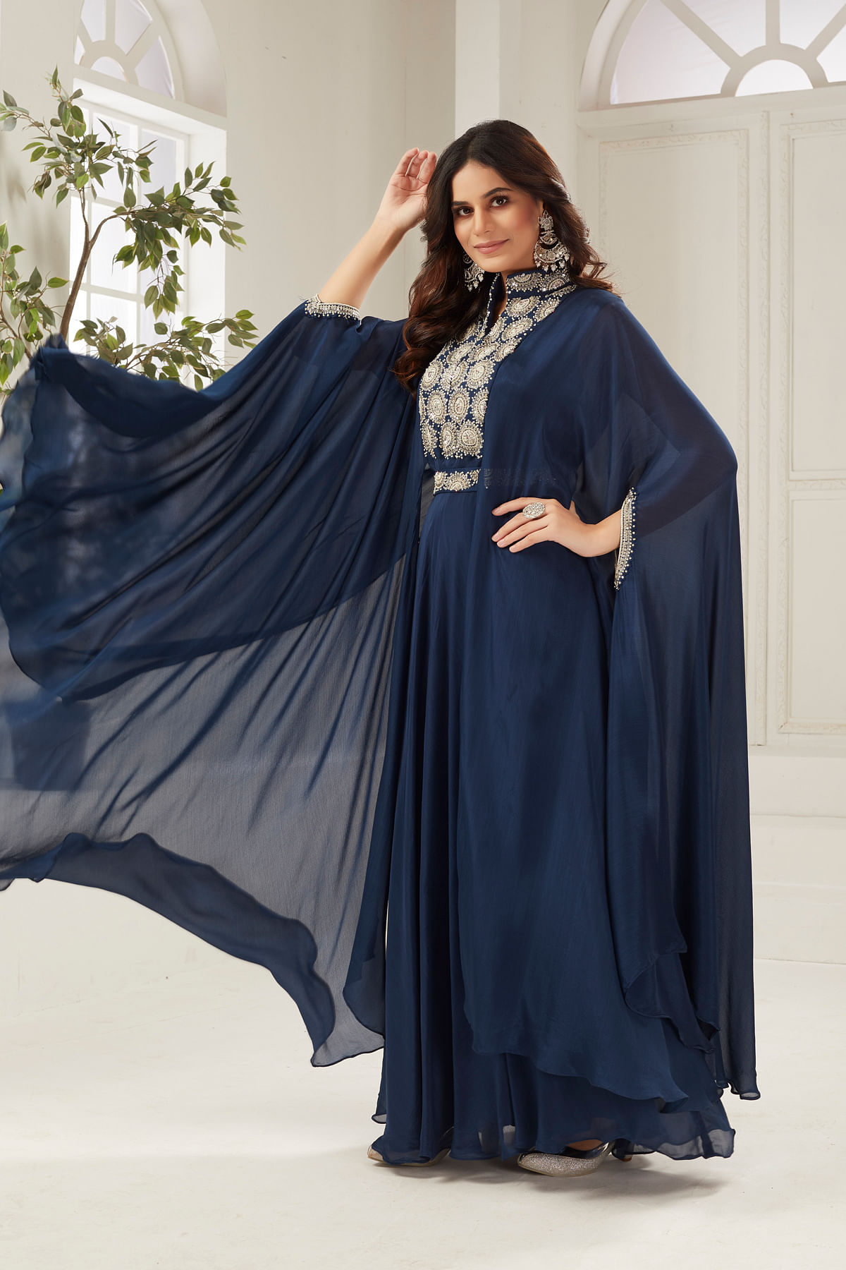 Prussian Blue Sequins Embroidered Crepe Engagement Salwar Kameez