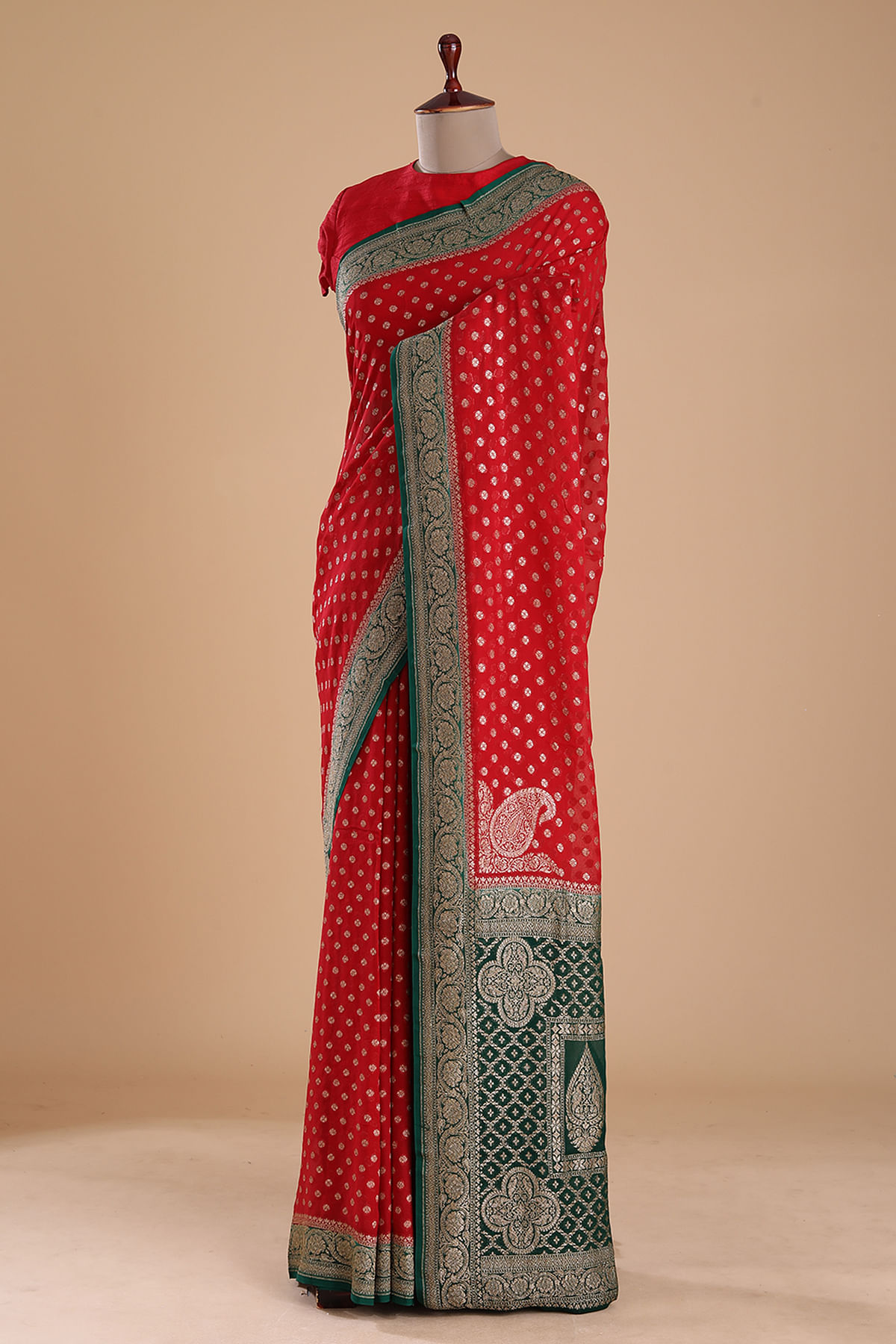 Red Banarasi Pure Khaddi Georgette Saree - Aura Benaras