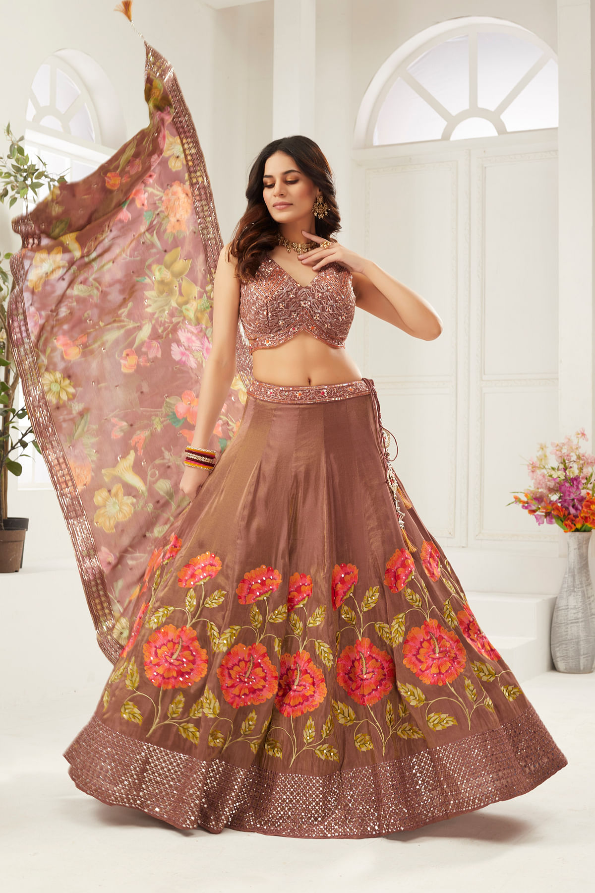 Buy Rustic Brown Sequins Embroidered Silk Sangeet Lehenga Online