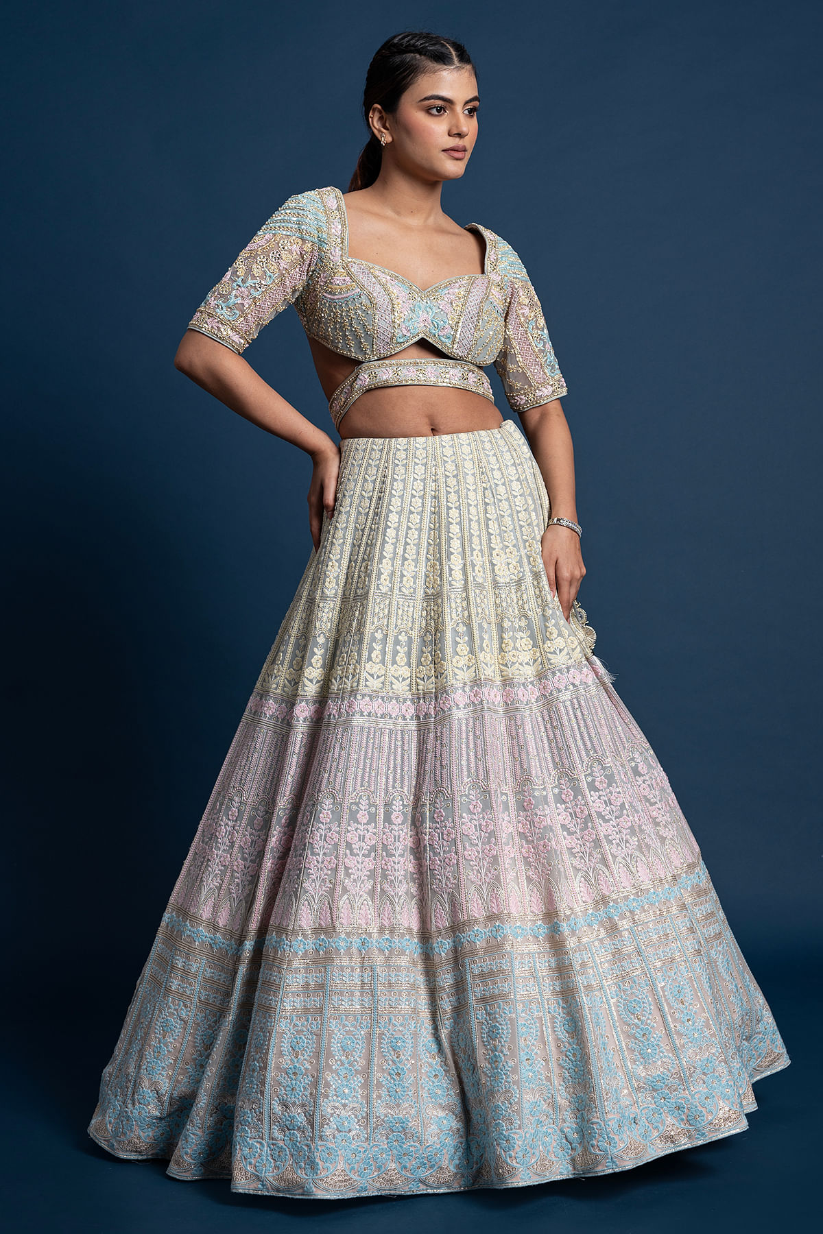 Designer Blue and Pink to magenta color lehenga choli with Printed wit