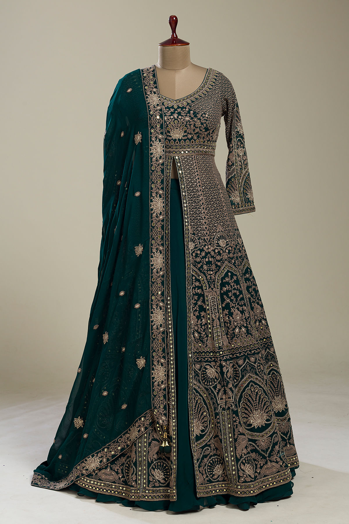 Dark Green Georgette A Line Lehenga with Resham embroidery