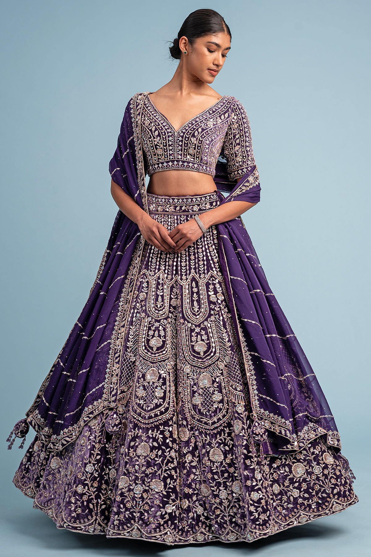 Buy Cloud Cream Sequins Embroidered Velvet Bridal Lehenga Online, | Samyakk