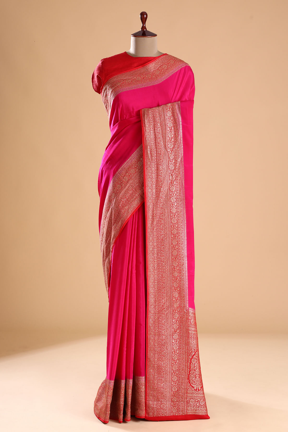 Magenta color handloom raw silk saree with woven design