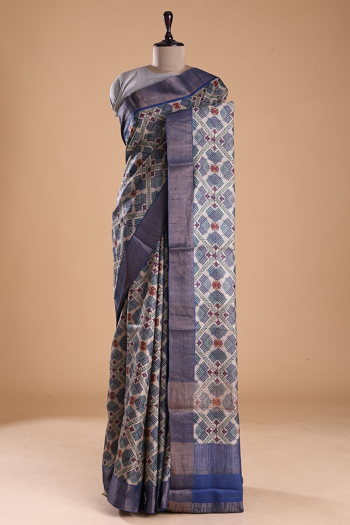 Brown Block Printed Tussar Silk Saree with Plant Motif|Desically Ethnic