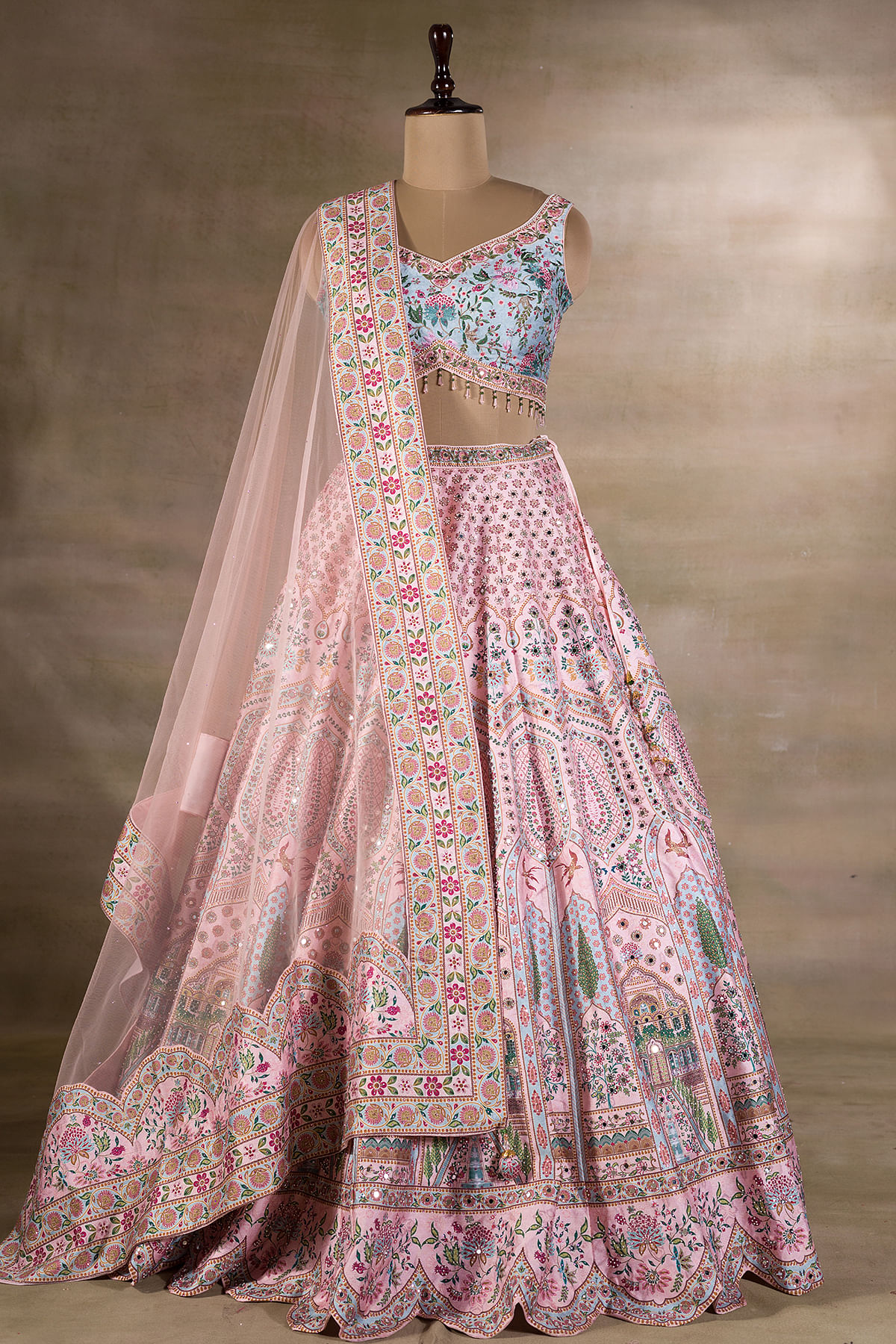 Buy Cream and Pink Banarasi Silk Lehenga Choli with Diamond and Embroidered  Work for Women : 283113 -