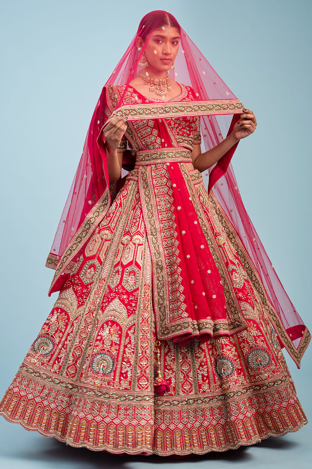 Red Color Silk Fabric Designer Embroidered Bridal Lehenga Choli With Double  Dupatta