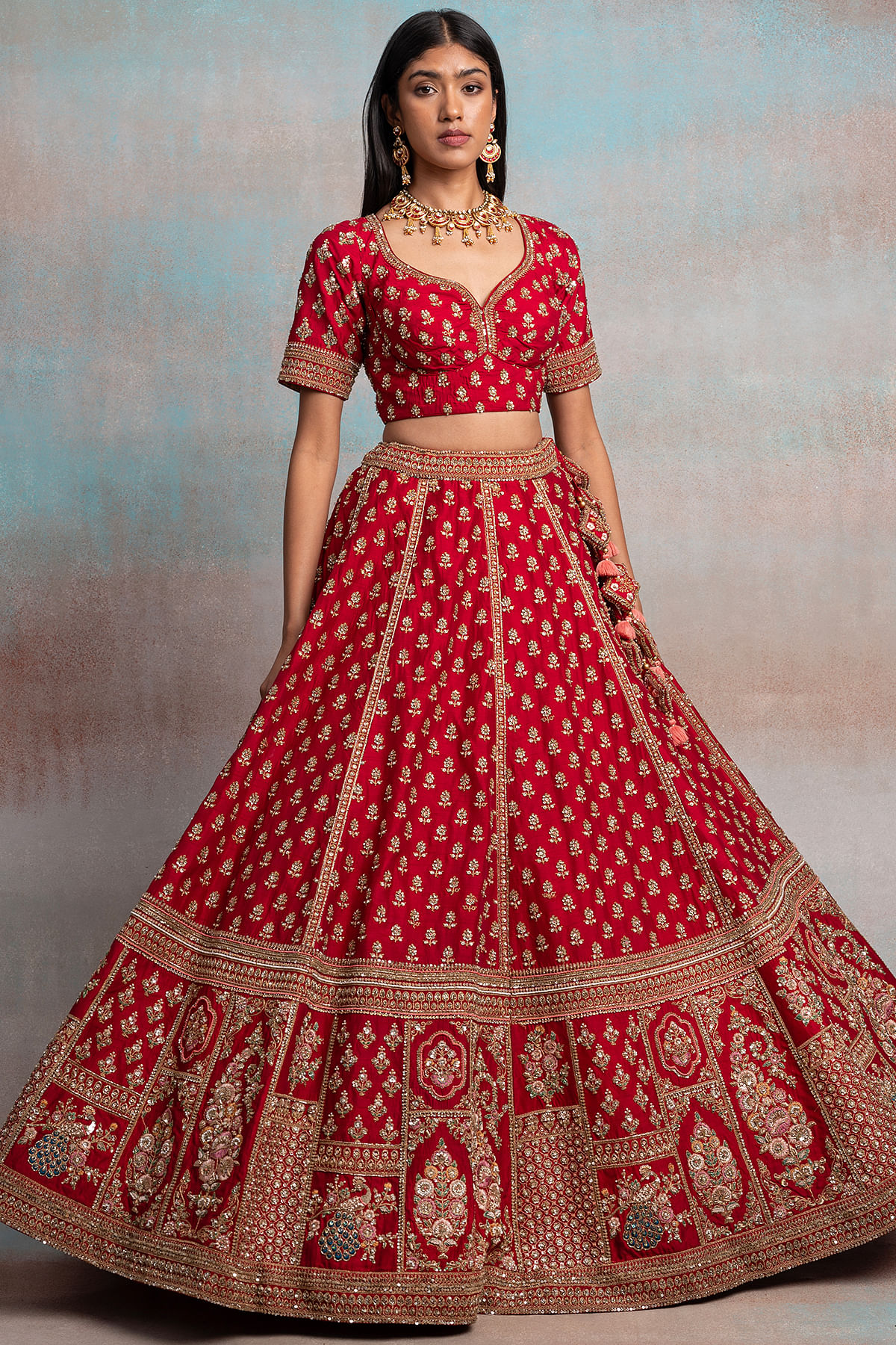 Designer Red Heavy Work In Satin Blend Bridal Lehenga Choli (Double Dupatta)  - Yash Enterprise - 3329029