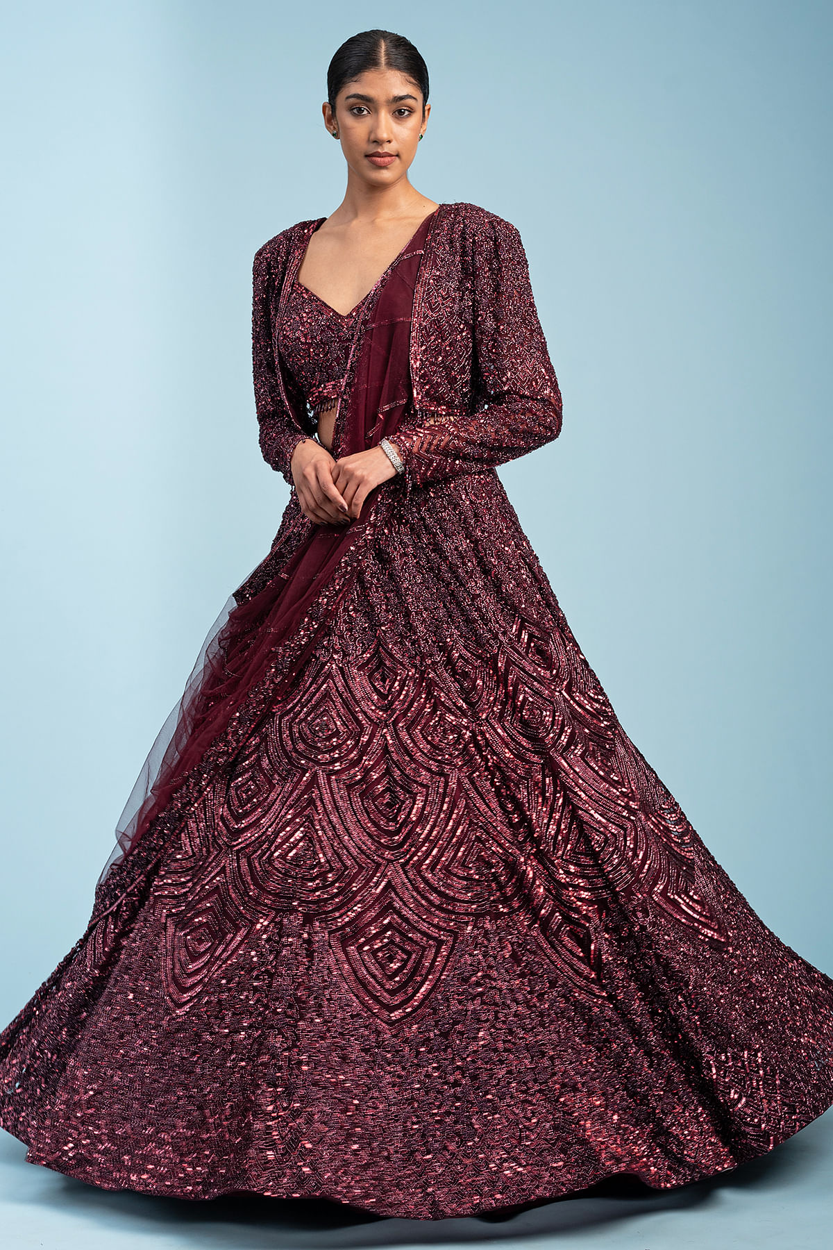 Buy Wine Red Sequins Embroidered Velvet Wedding Lehenga Online | Samyakk