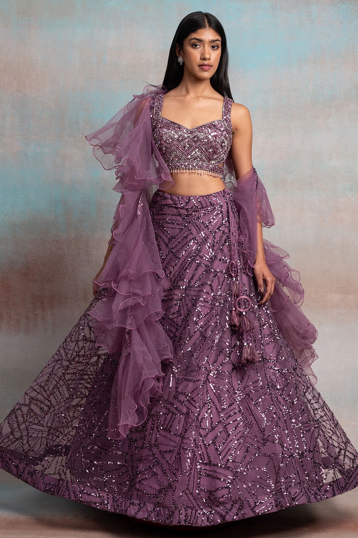 Lavender Colour Chiffon Readymade Lehenga Set having Pearl work in Blouse  and Plain Skirt with Shawl