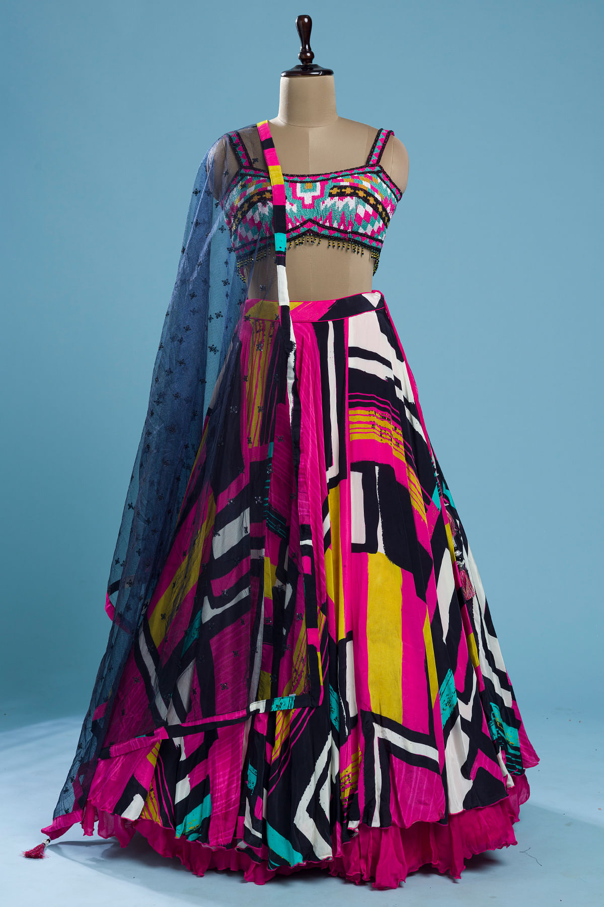 Multicolor Bead Embroidered Crepe Party Wear Lehenga by Samyakk