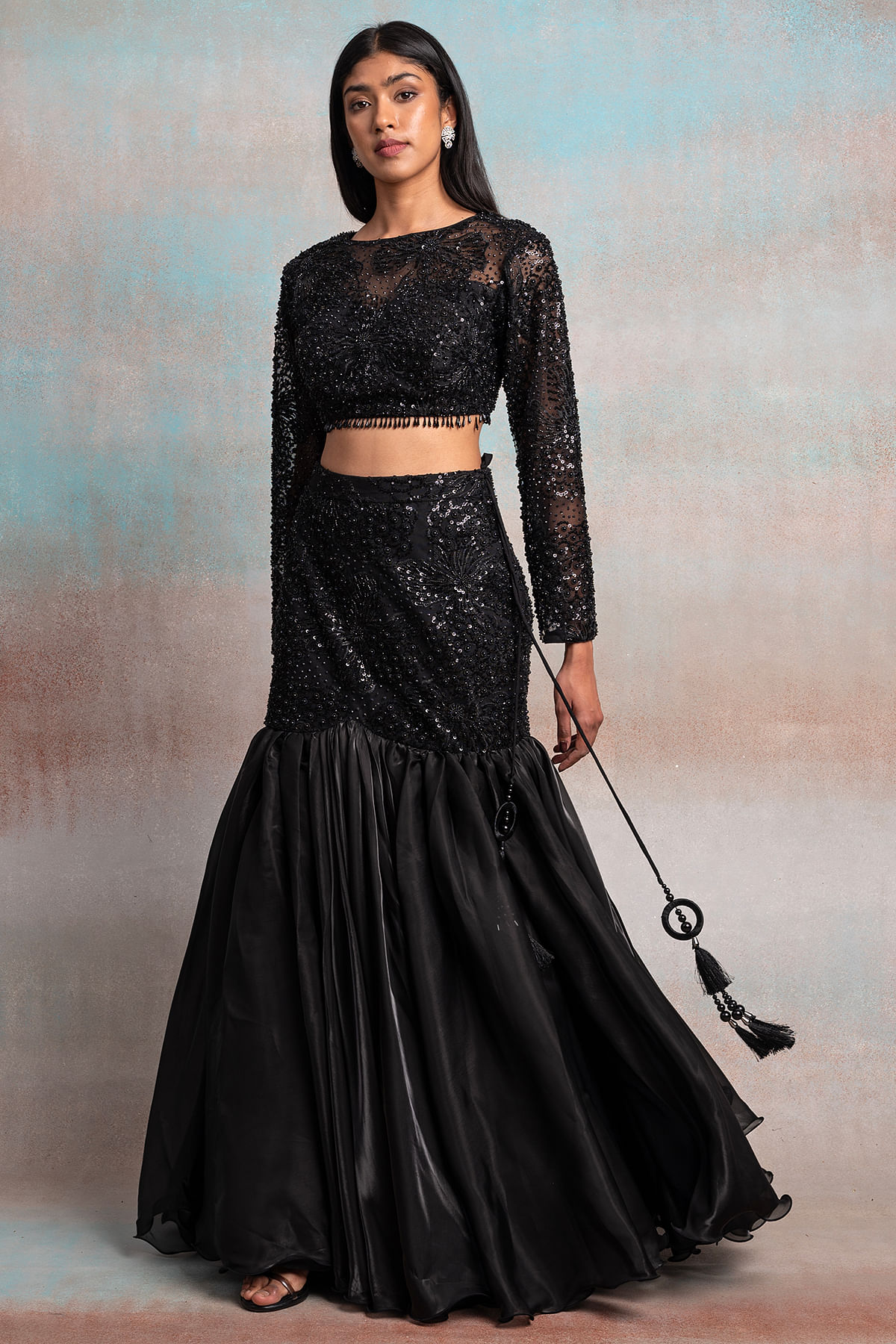 Black Floral Golden Sequins Work Net Fabric Party Wear Lehenga Choli