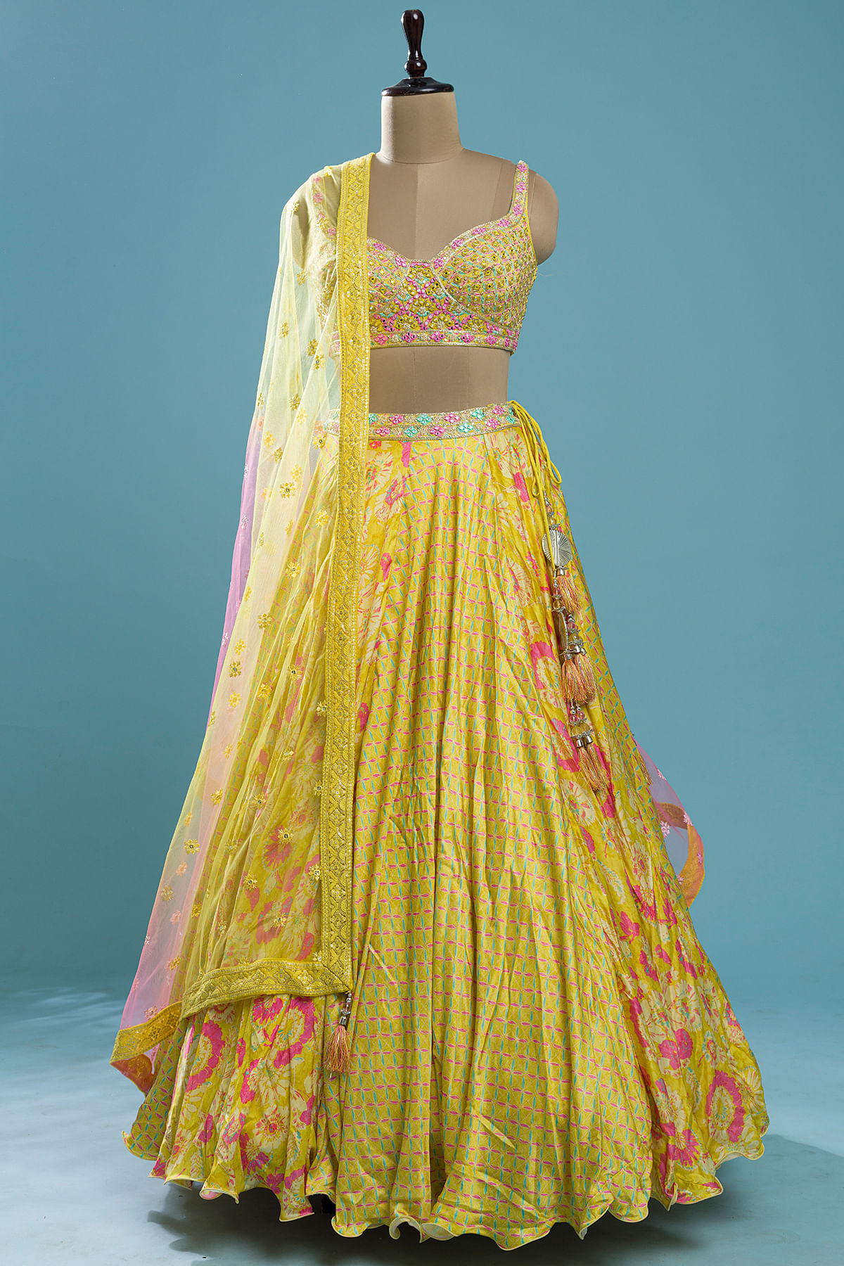 Canary Yellow Floral Printed Silk Party Wear Lehenga by Samyakk