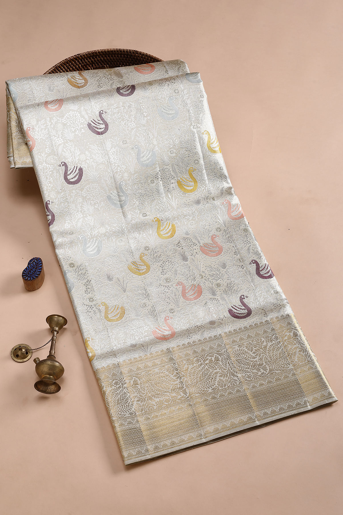 Gold & Silver Dual Tone Zari Woven Kanchipuram Tissue Saree by Samyakk