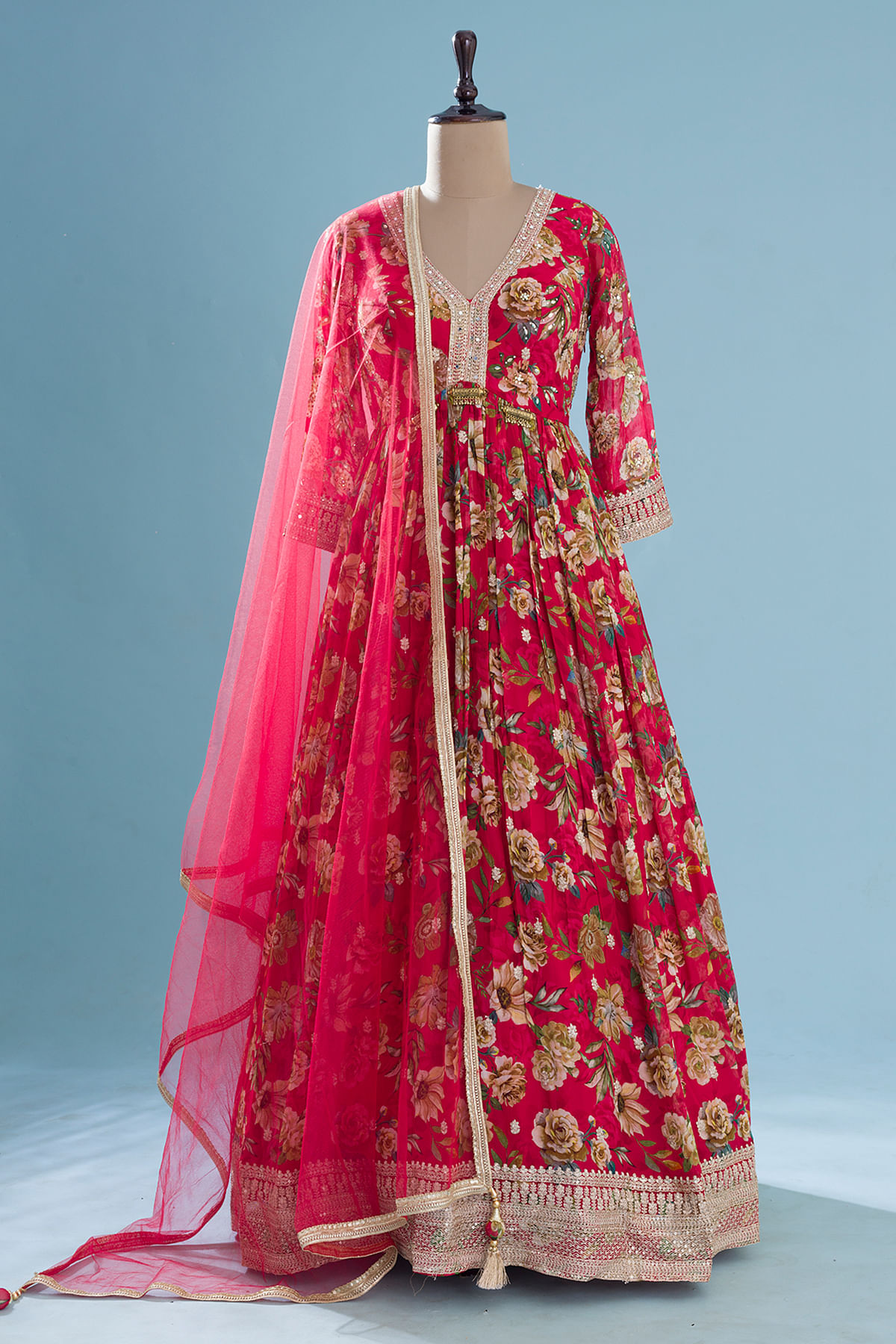 Barberry Pink Printed Organza Sangeet Salwar Kameez by Samyakk.com