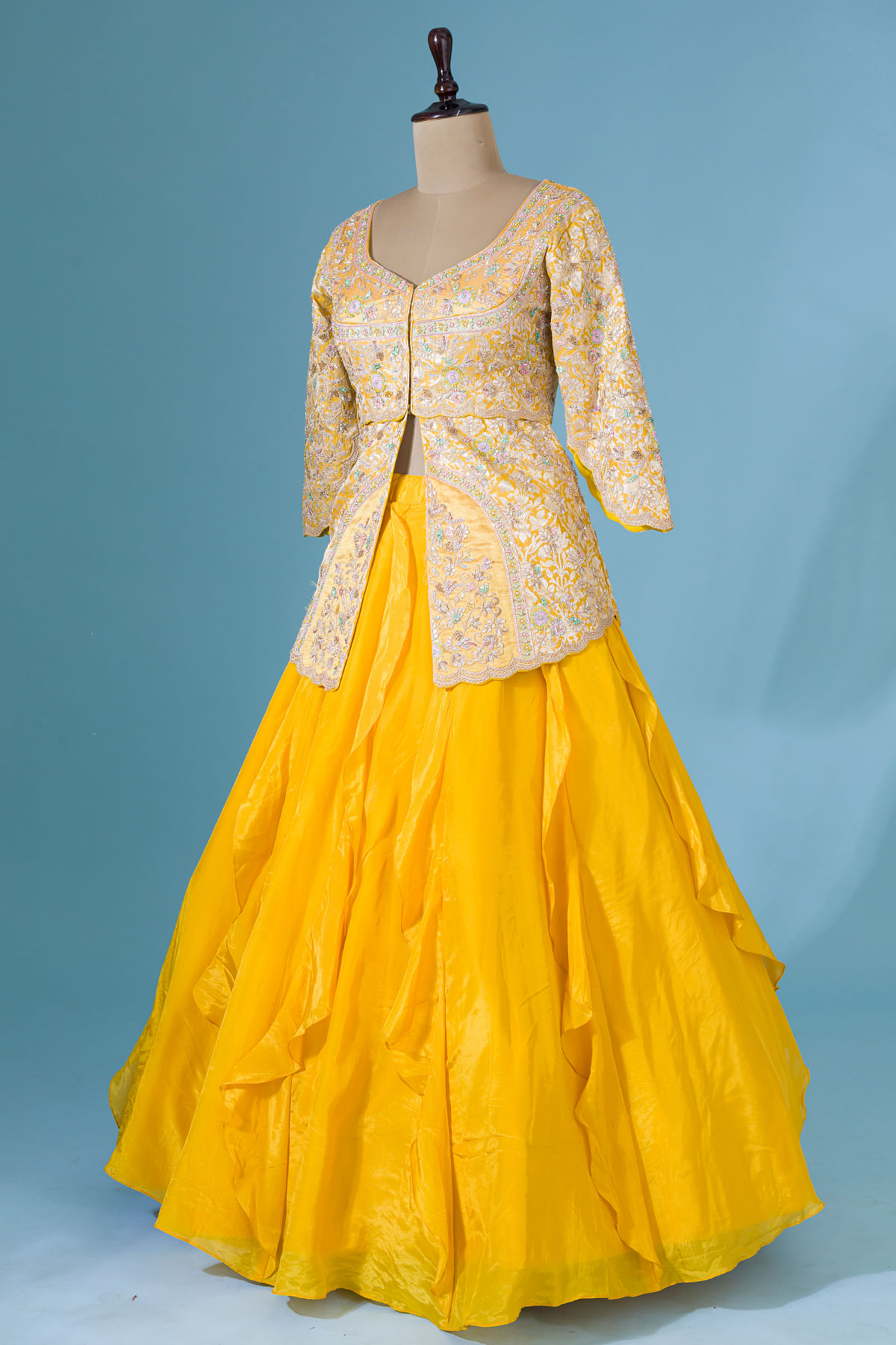 Mustard Yellow Sequins Embroidered Organza Sangeet Lehenga