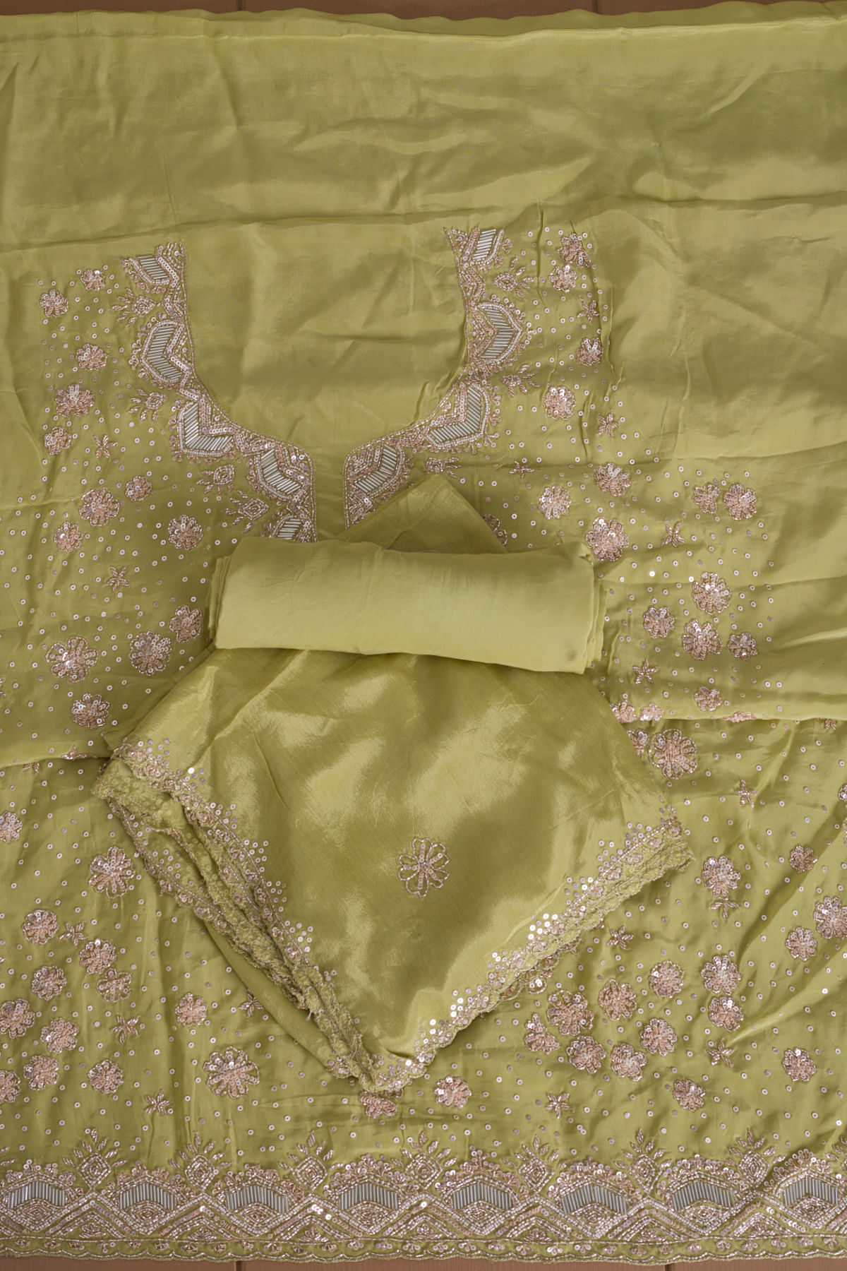 Linden Green Sequins Embroidered Crepe Unstitched Salwar