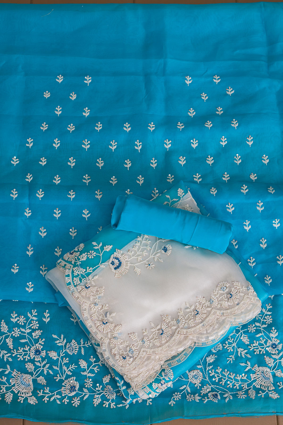 Malibu Blue Sequins Embroidered Organza Unstitched Salwar Online at Samyakk