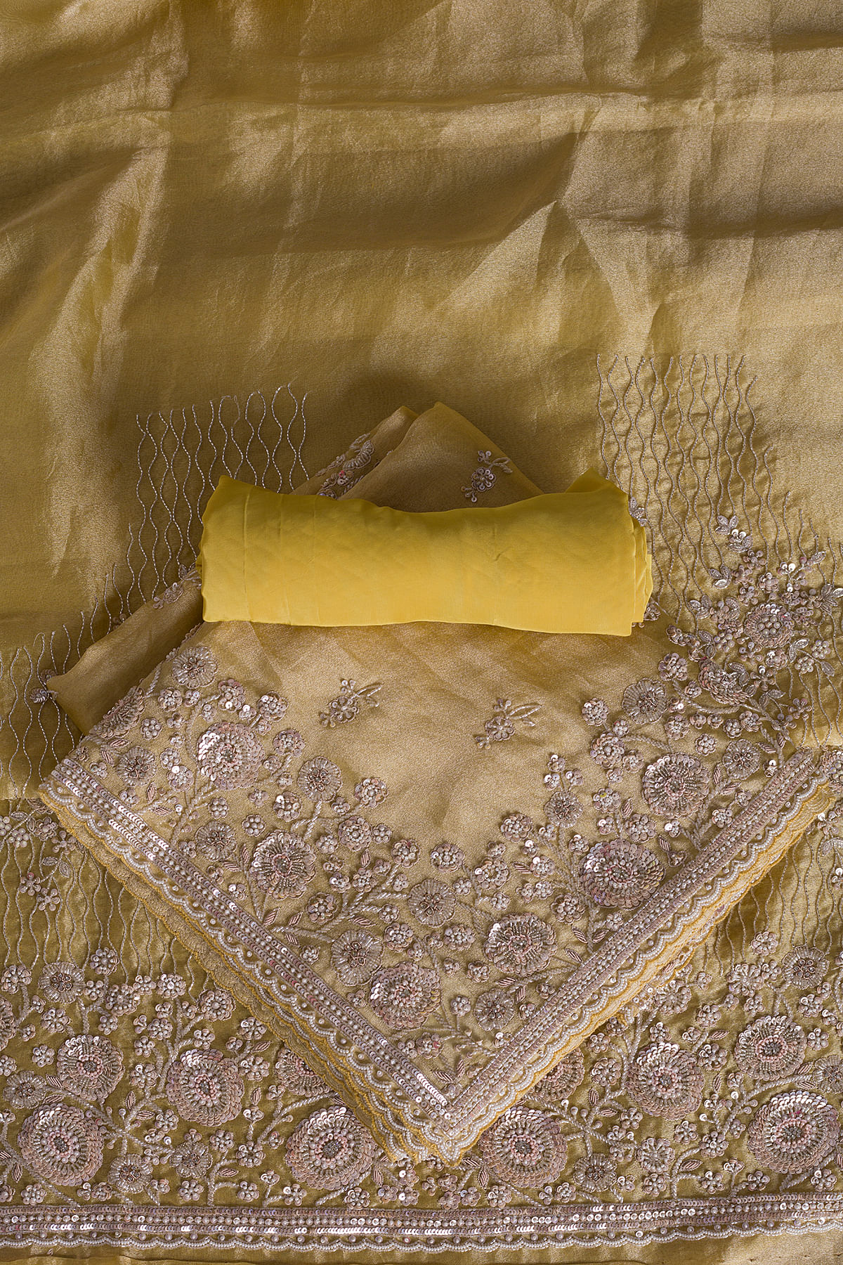 Yellow & Gold Dual Tone Sequins Embroidered Tissue Organza Unstitched Salwar