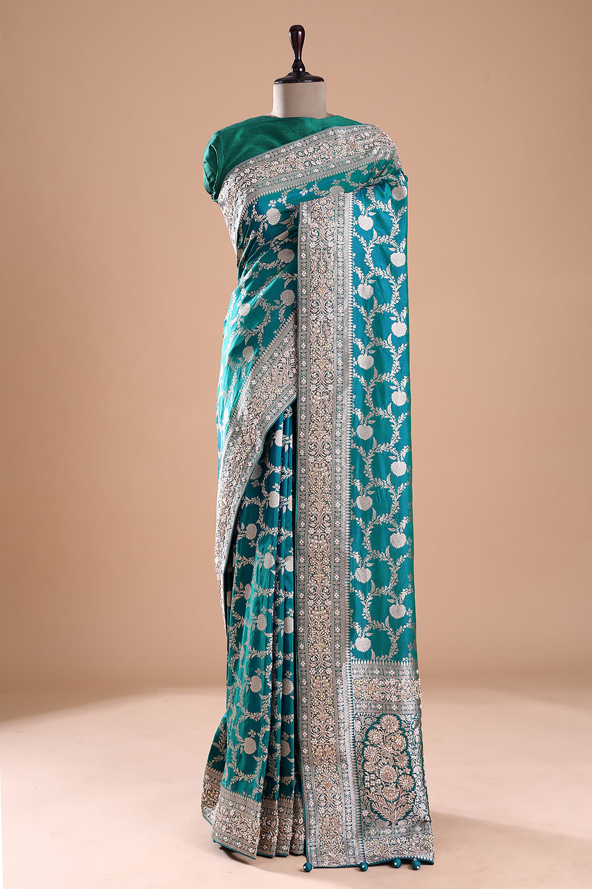 Blue & Green Dual Tone Pearl Embroidered Banarasi Silk Saree