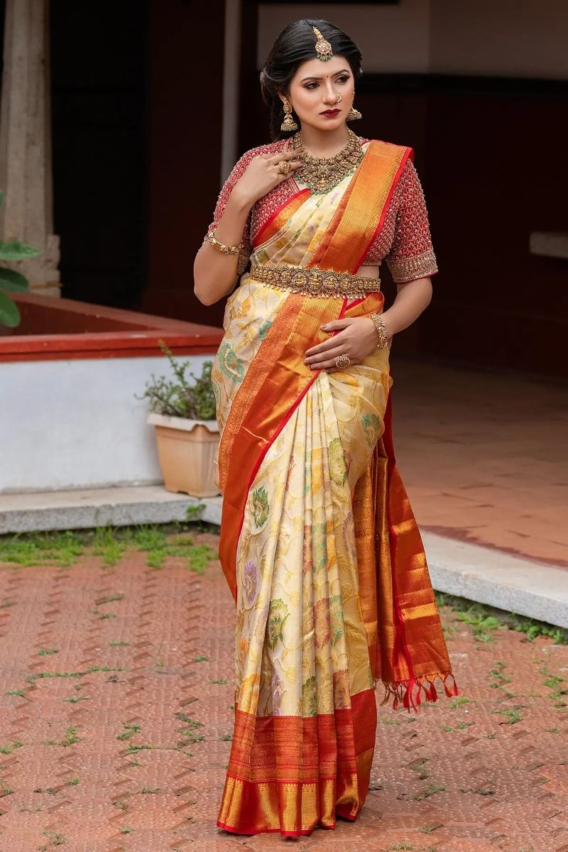 Off-White & Gold Kanchipuram Tissue Silk Saree