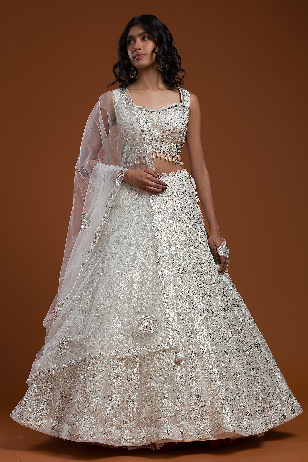 Buy Off White Sequins Embroidered Net Party Wear Lehenga Online Samyakk