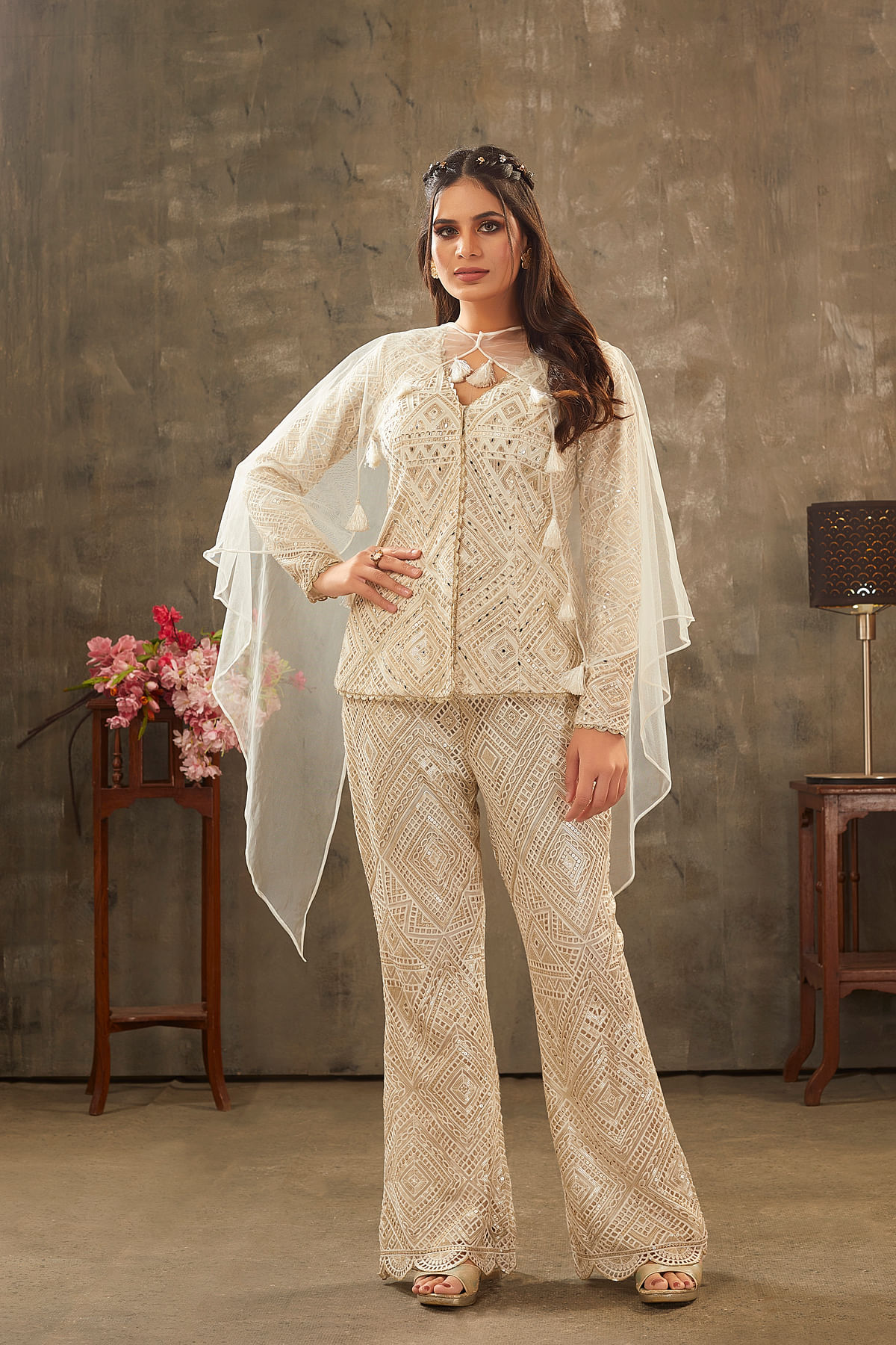 Buy Off-White Sequins Embroidered Net Straight Cut Suit Online at Samyakk