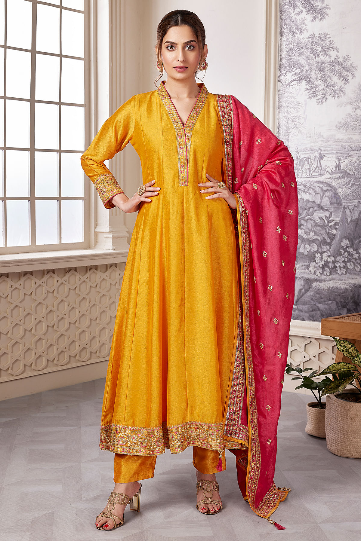 Buy Old Gold Yellow Sequins Embroidered Silk Festive Salwar Kameez Online at Samyakk