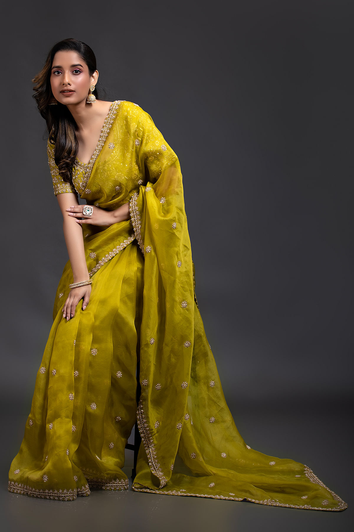 Buy Olive Green Orgaza Designer Saree with Zardosi Work and U Neck Blouse Online at Samyakk