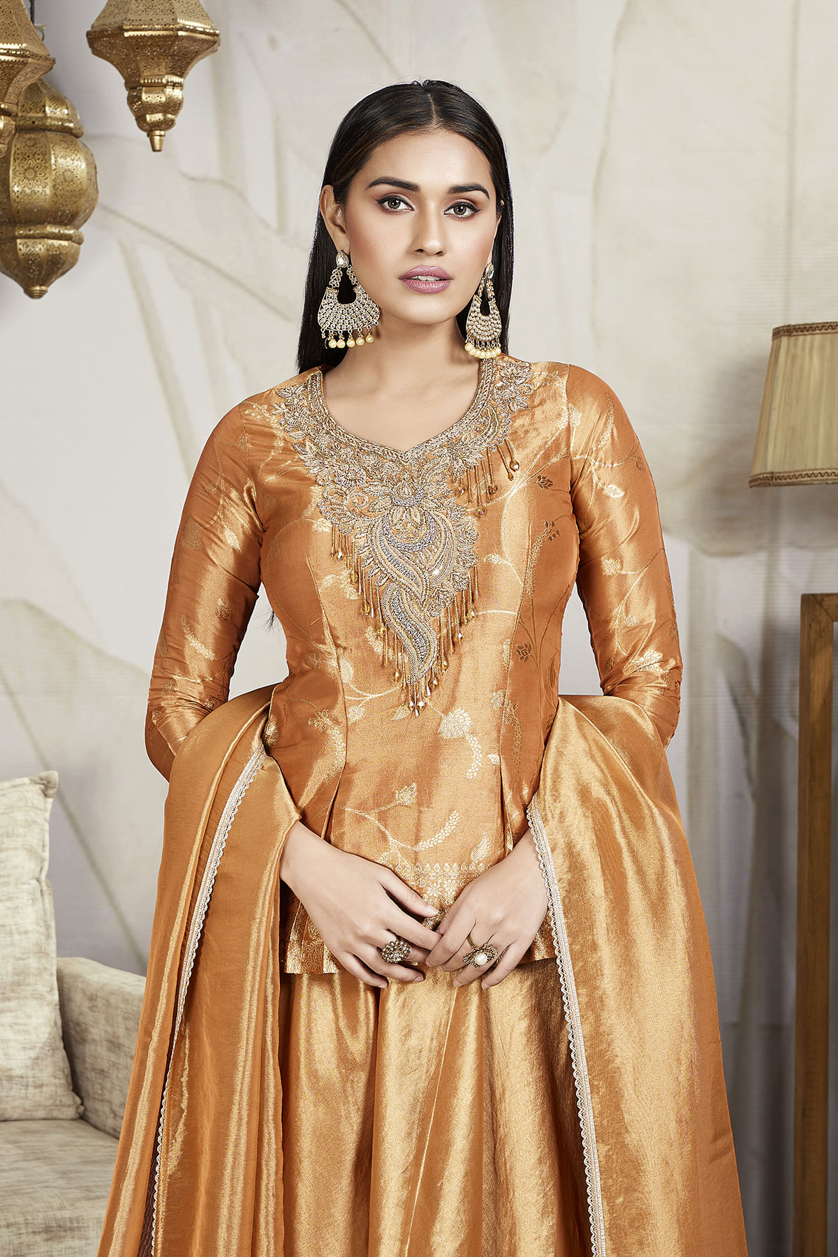 Orange Tissue Palazzo Suit with Zardosi Work and Leaf Neck-SL14012