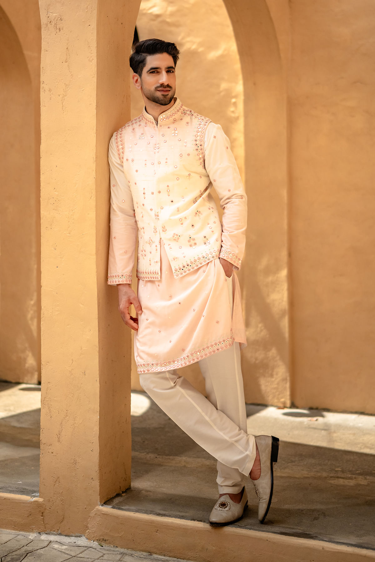 Pink Kurta with Waistcoat