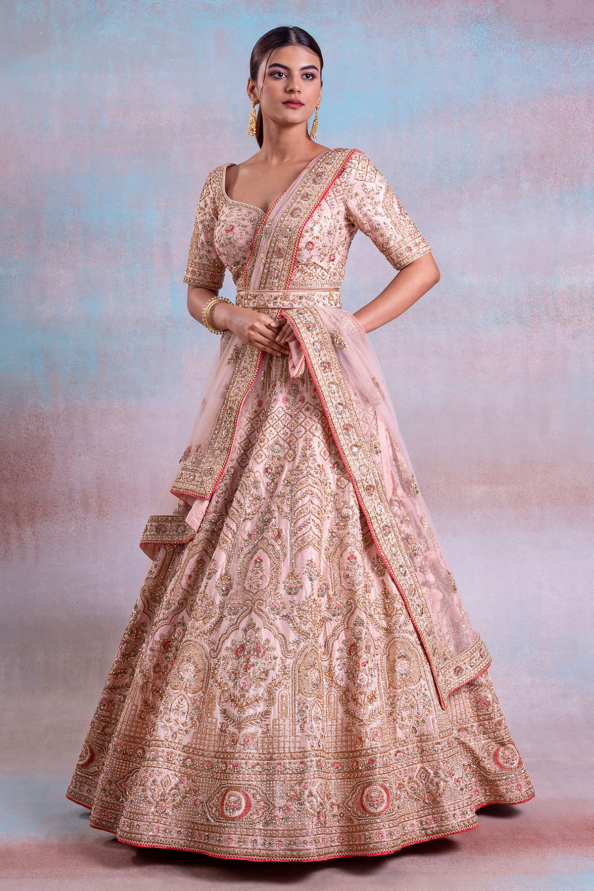 Pale Pink Sequins Embroidered Silk Exclusive Bridal Lehenga Online at Samyakk