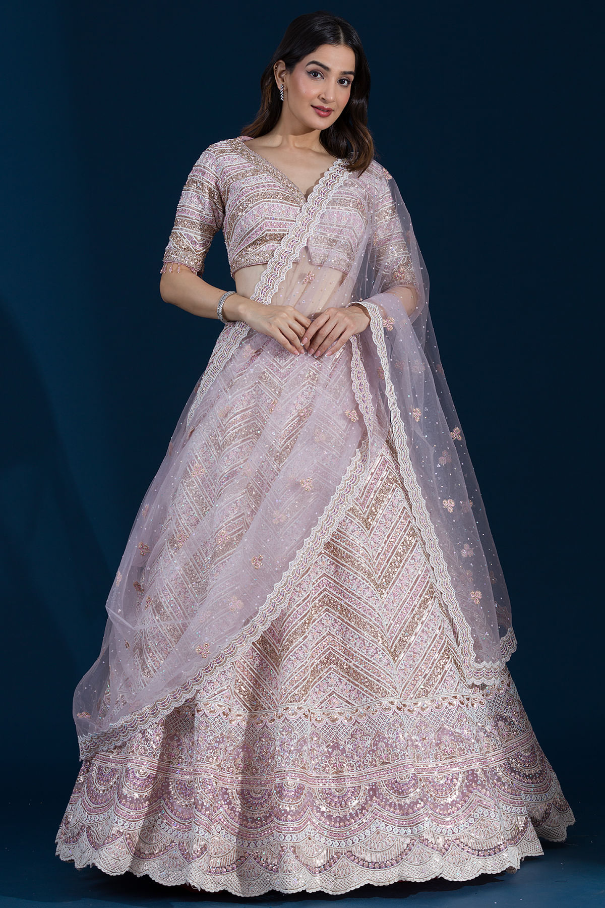 Buy Pastel Pink Sequins Embroidered Net Sangeet Lehenga Online at Samyakk