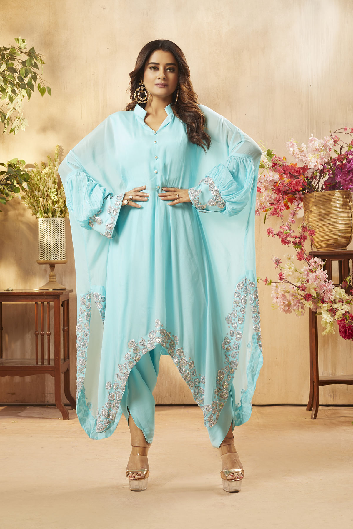 Pastel Turquoise Blue Sequins Embroidered Crepe Georgette Party Wear Salwar Kameez NG2823