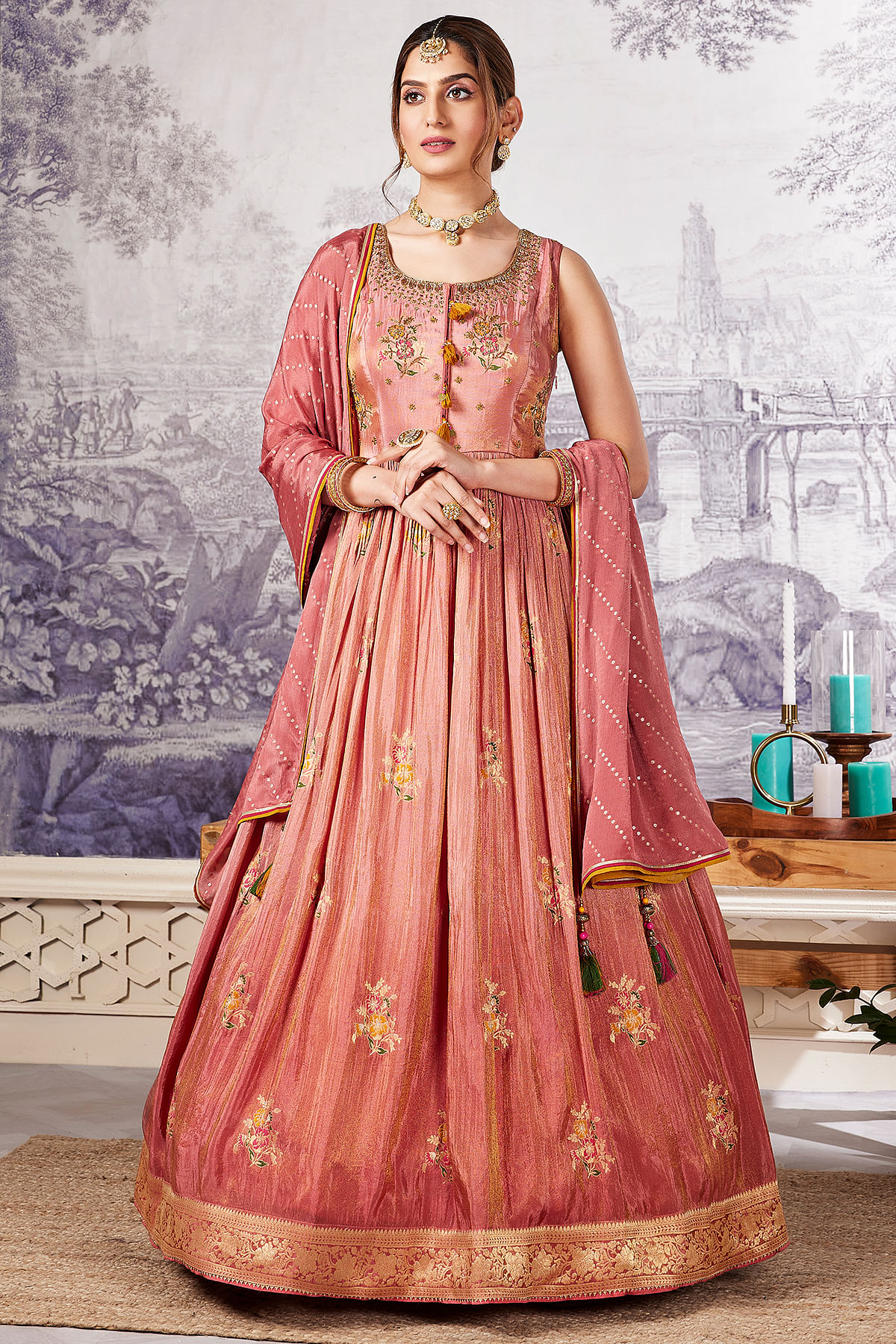 Buy Peach Pink Zardosi Embroidered Tissue Silk Anarkali Salwar Online at Samyakk