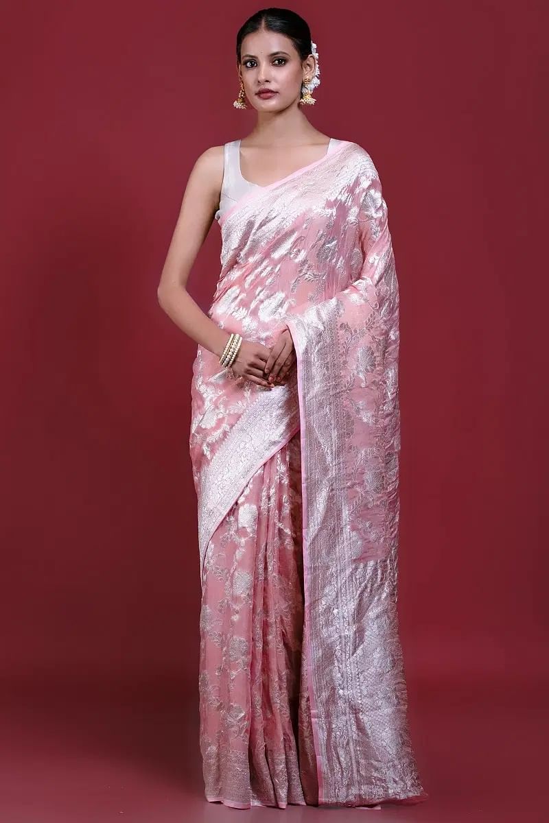 Peach Pink Banarasi Georgette Saree
