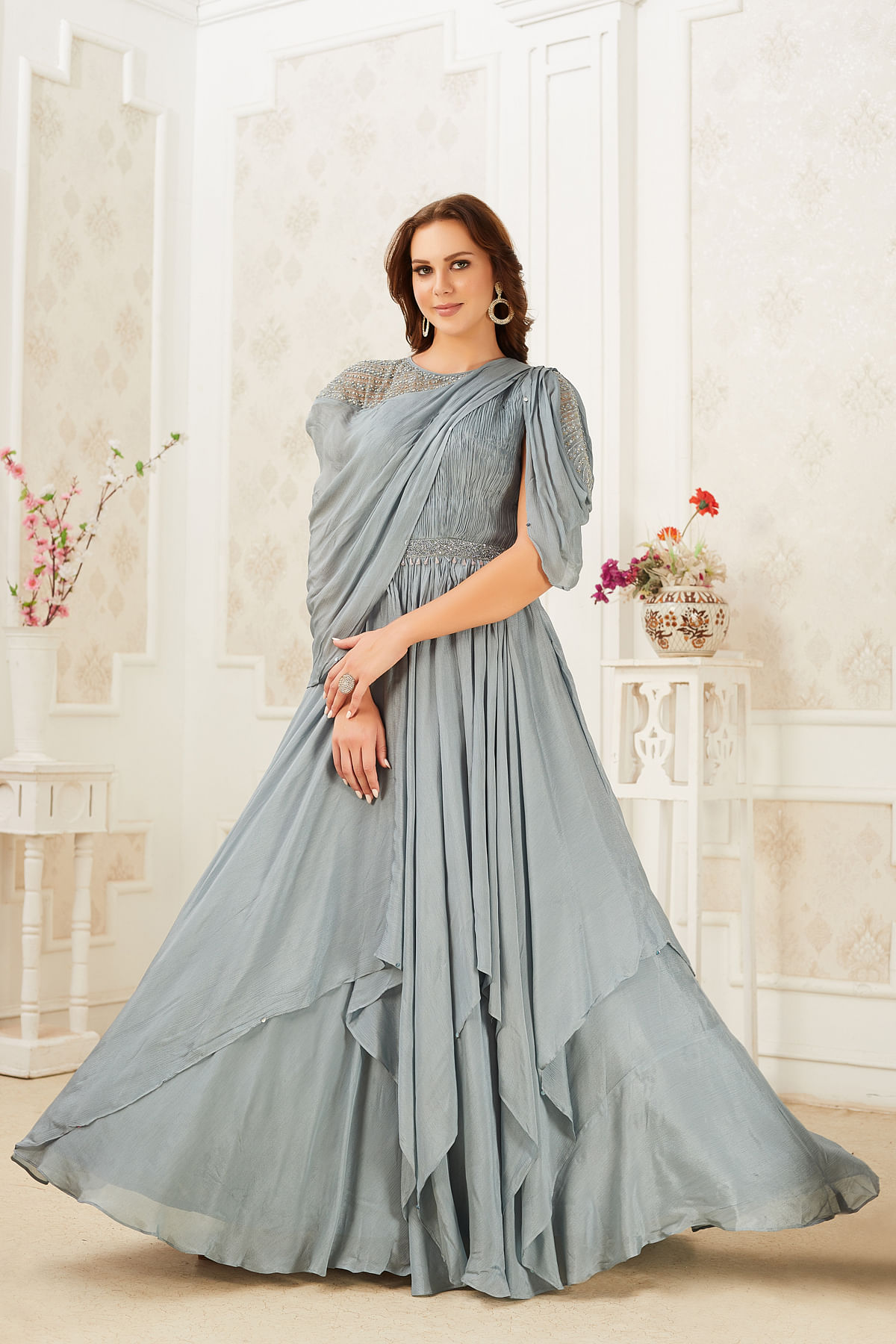 Buy Pearl Blue Draped Anarkali Set with Sequins Embroidery Online at Samyakk