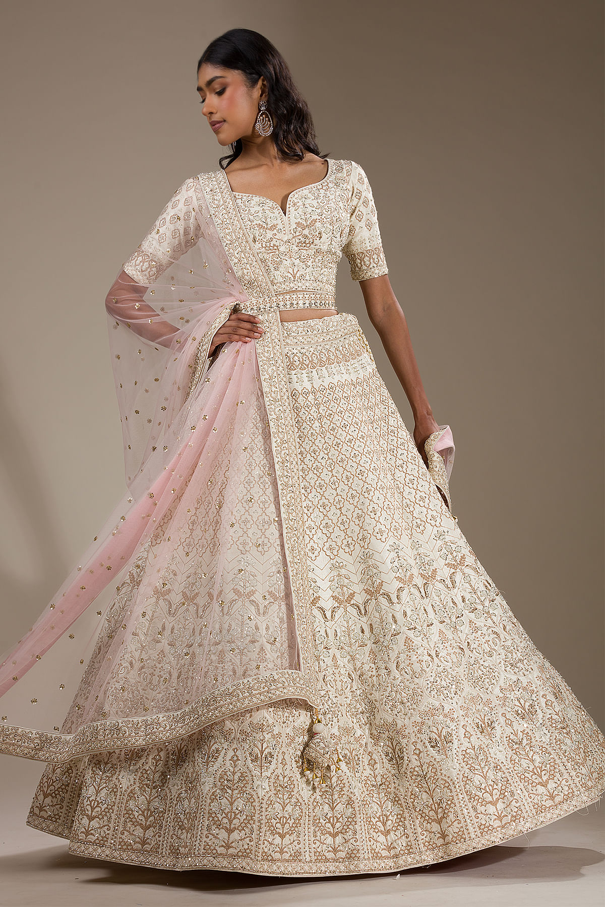 Buy Pearled Ivory Cream Sequins Embroidered Silk Sangeet Lehenga Online at Samyakk