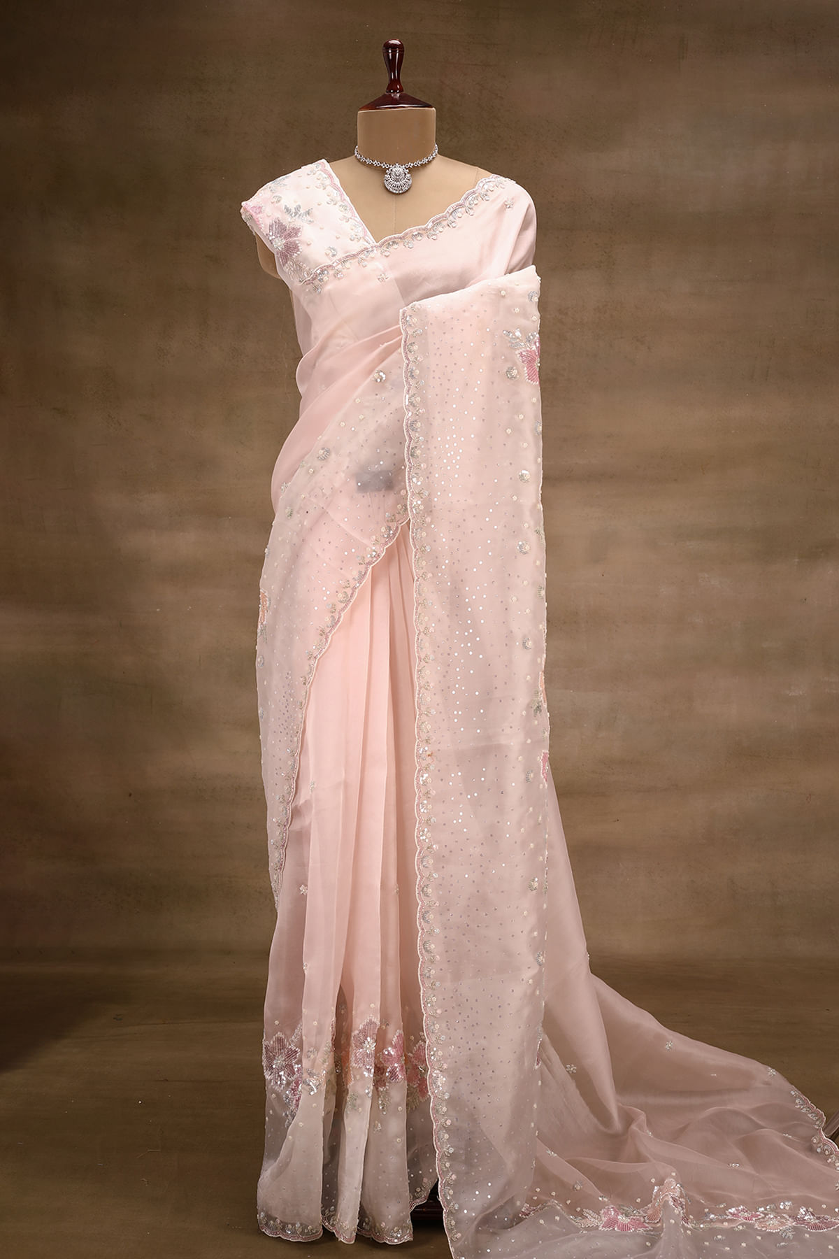 Pink and Cream Ombre Sequins Embroidered Organza Designer Saree with Unstitched Blouse-GM3401