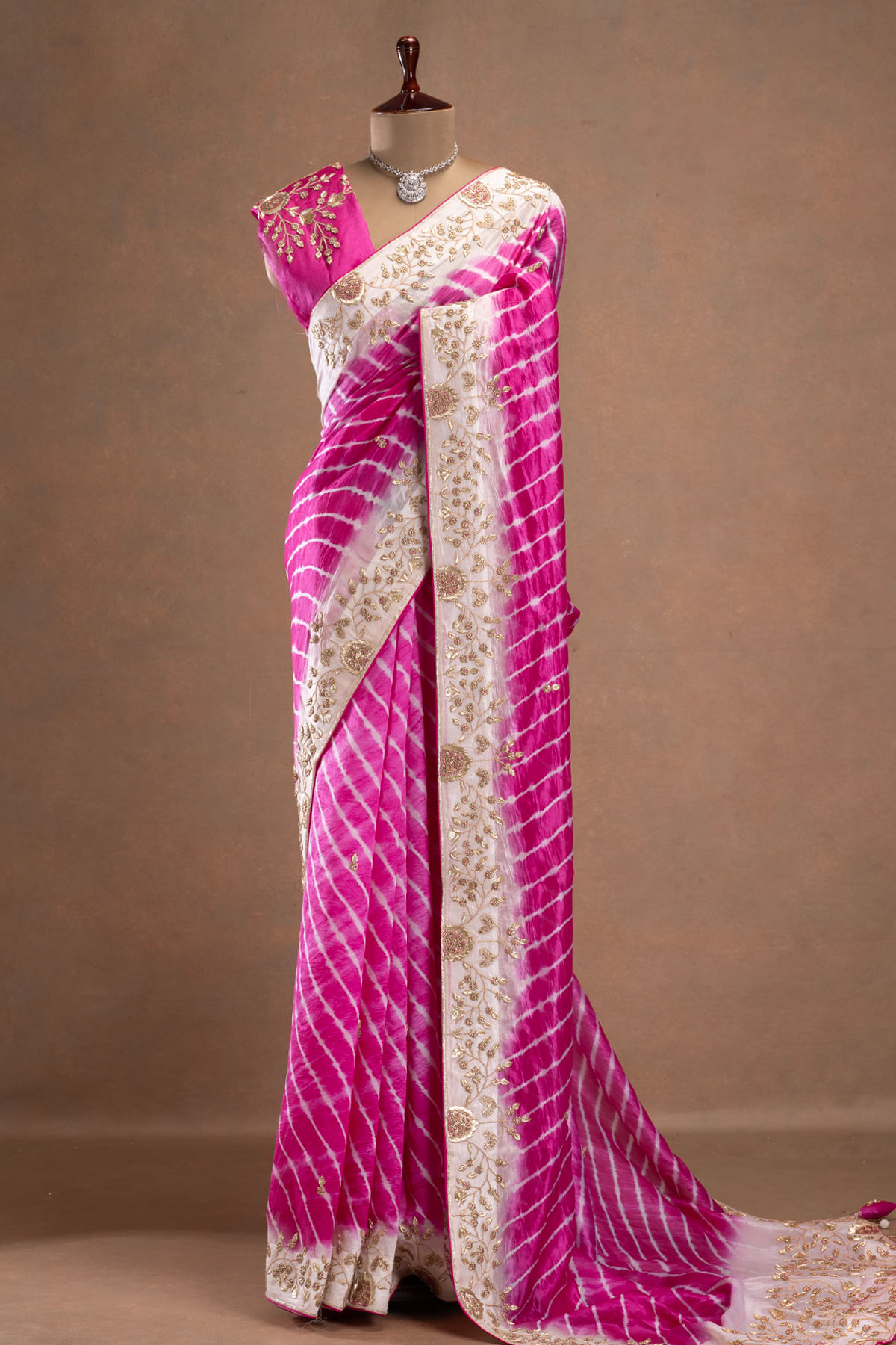 Pink and Cream Leheriya Silk Saree
