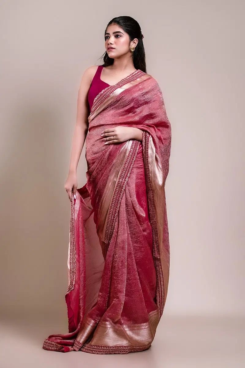 Pink and Gold Tissue Designer Saree