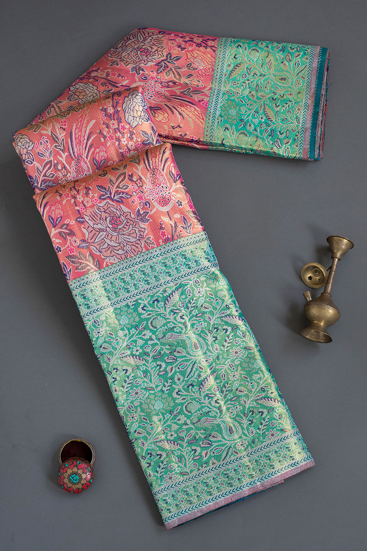 Pink and Gold Dual Tone Zari Woven Kanchipuram Tissue Saree with Unstitched Blouse-GH2052