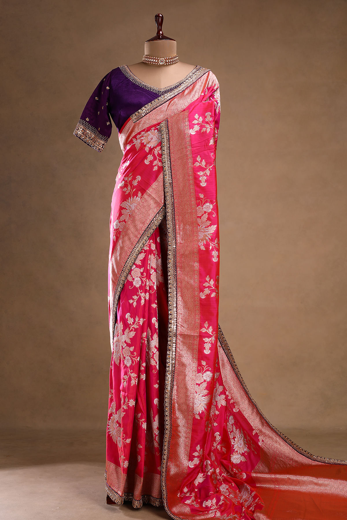 Pink and Orange Silk Saree 