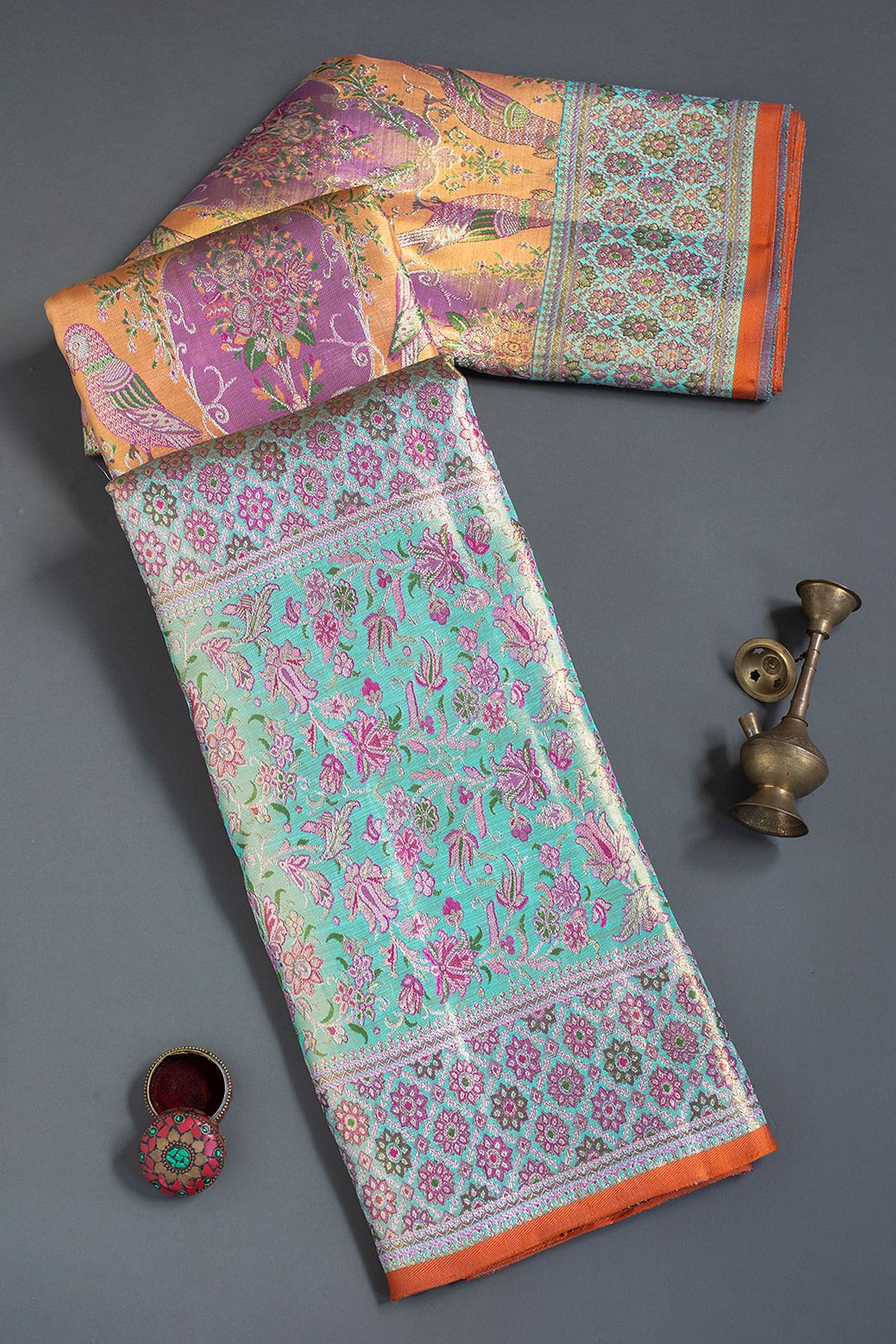 Pink and Orange Zari Woven Kanchipuram Tissue Saree with Unstitched Blouse-GH2041
