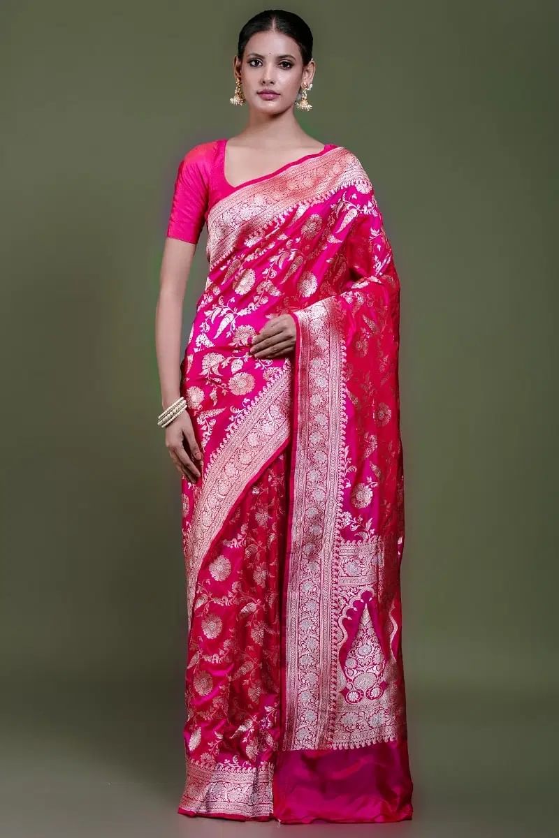 Pink and Red Banarasi Silk Saree