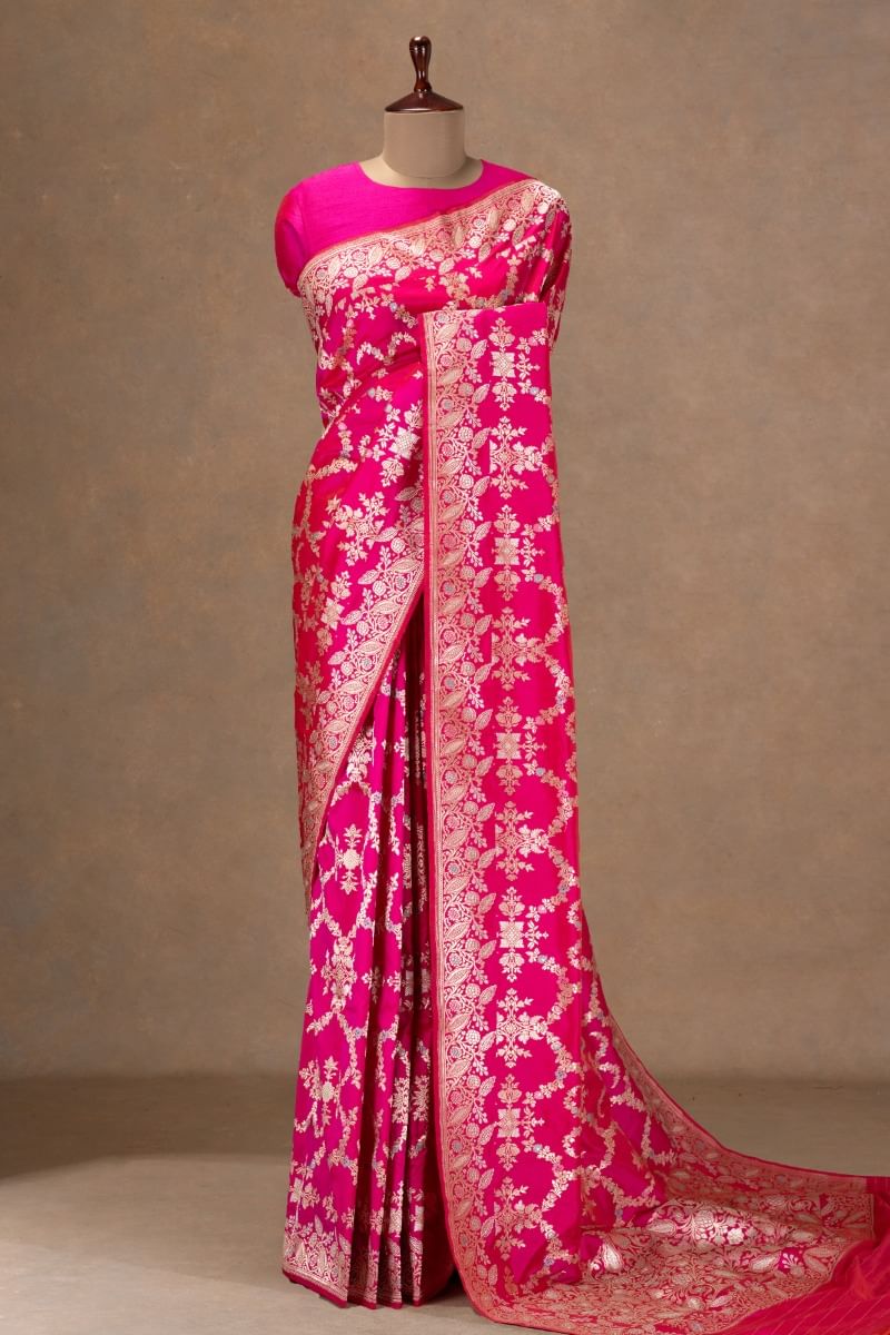 Pink and Red Dual Tone Zari Woven Banarasi Silk Saree with Unstitched Blouse-GK2117