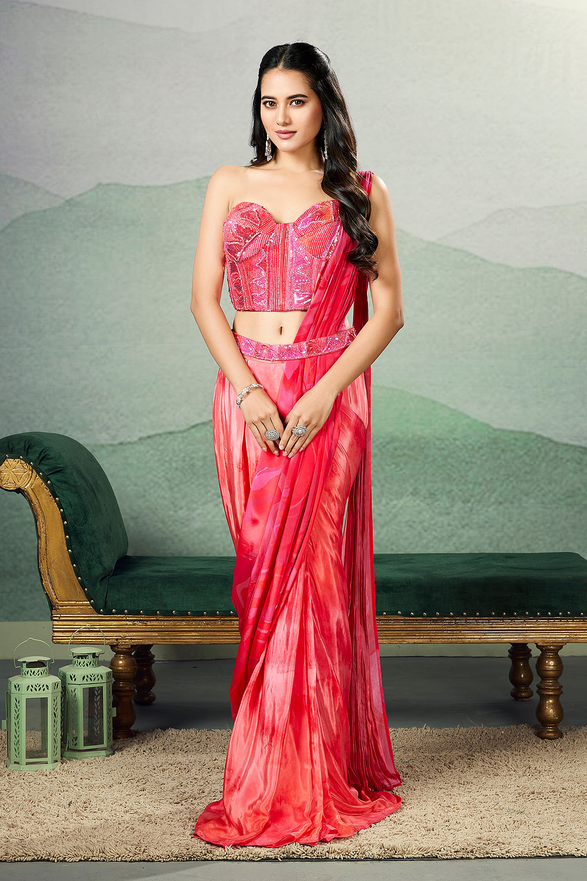 Pink and Red Drape Saree