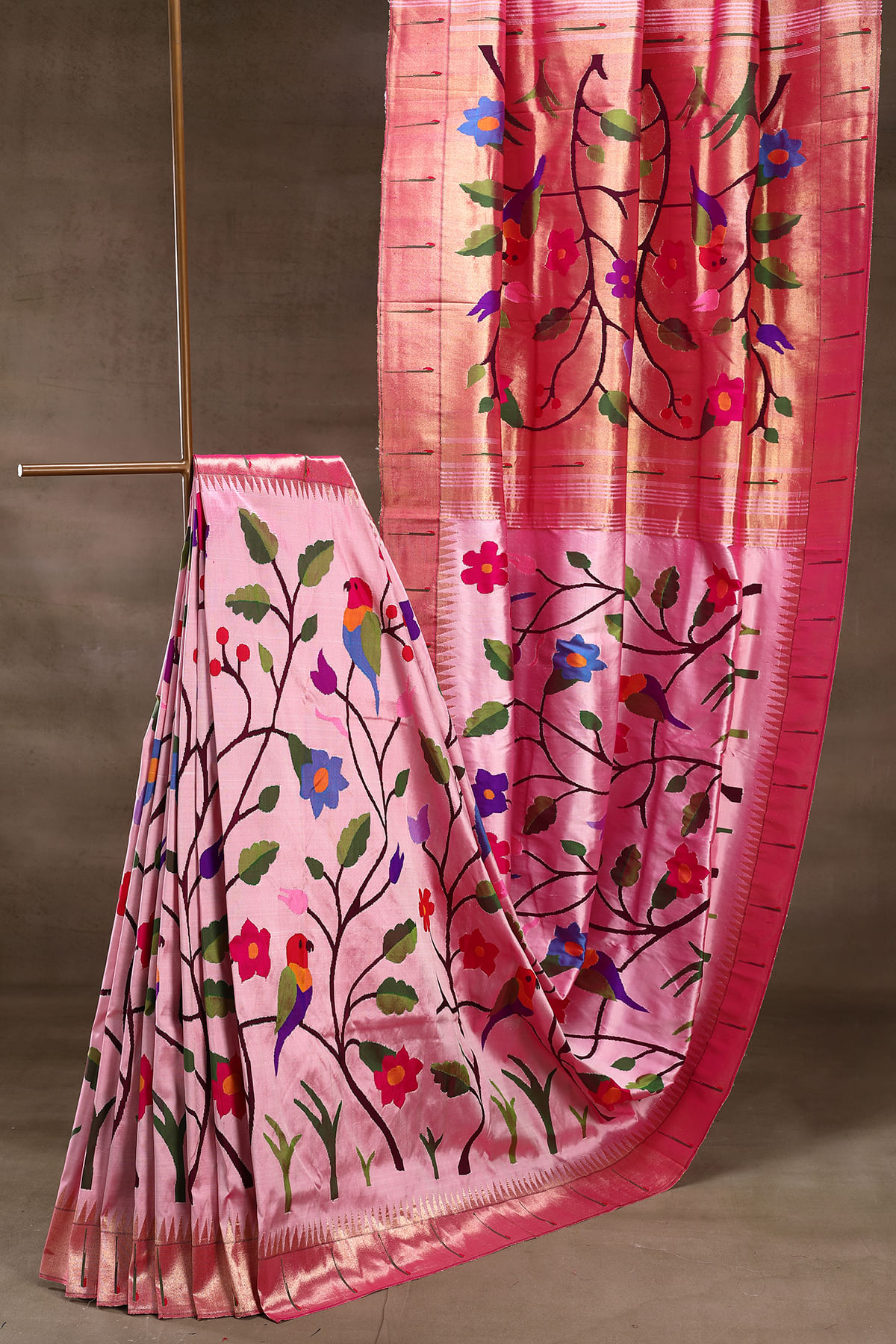 Pink and White Paithani Silk Saree